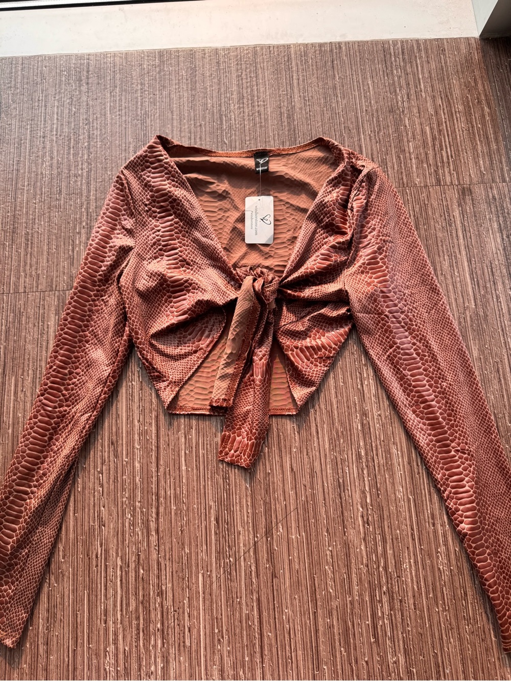 Windsor Rust Snake-Print Tie-Front Long Sleeve Crop Top